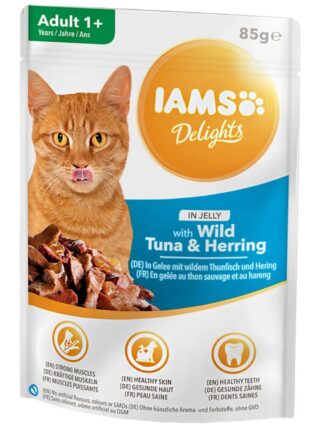 Täissööt (konserv) IAMS Delights täiskasvanutele tuunikala ja heeringaga tarretises 85 g