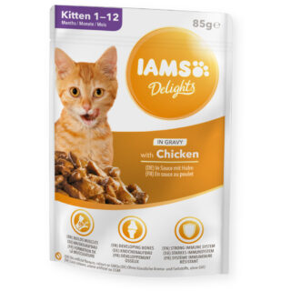 Täissööt (konserv) IAMS Delights kassipoegadele ja noorematele kassidele, Rikkalikult värsket kana k