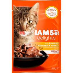 Täissööt (konserv) IAMS Delights täiskasvanutele, maitsva kana ja kalkuniga kastmes 85 g