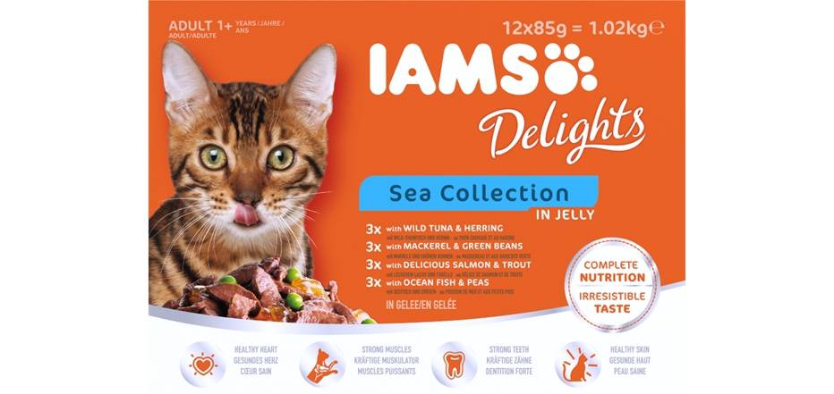 Täissööt (konserv) IAMS Delights täiskasvanutele, erinevad kalad - merekollektsioon tarretises 1,02