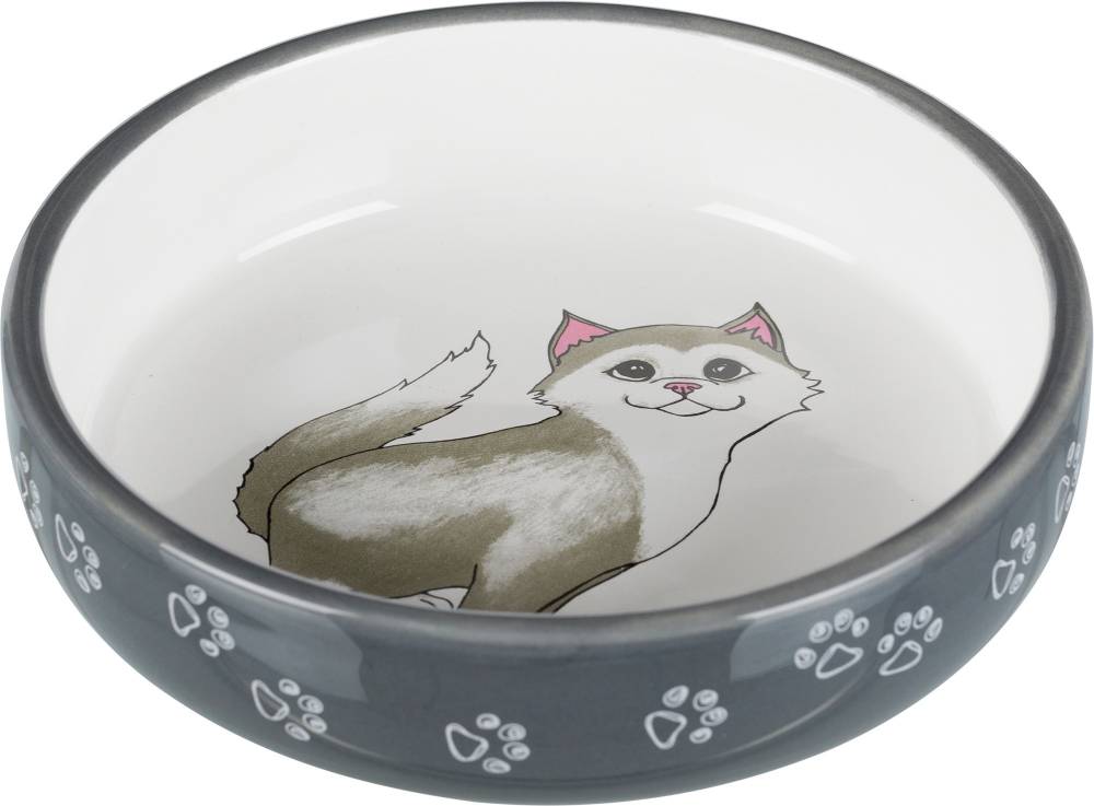Kauss lühikese ninaga kassidele, keraamiline, 0,3 l/ø 15 cm, hall/valge