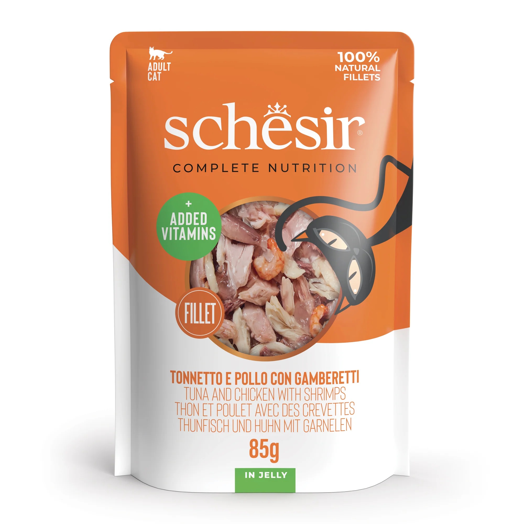 Schesir Complete Nutrition tuunikalaga ja kanaga ning krevettidega tarretises 85g kassikonserv